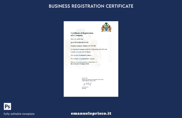 certificato di registrazione Gambia in stile verificato modello Word e PDF